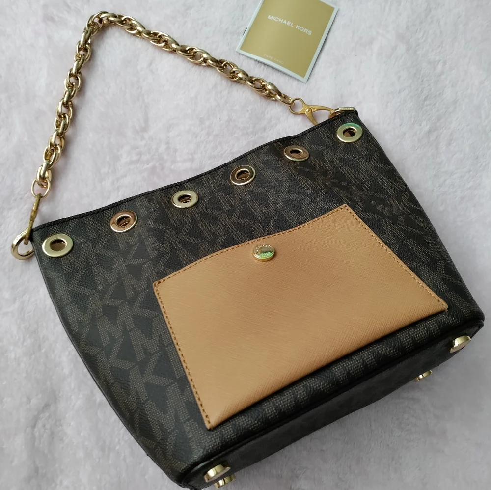 ✨NEW MICHAEL KORS BUCKET BAG MONOGRAM MK BROWN GOLD CHAIN✨ - Picture 3 of 7